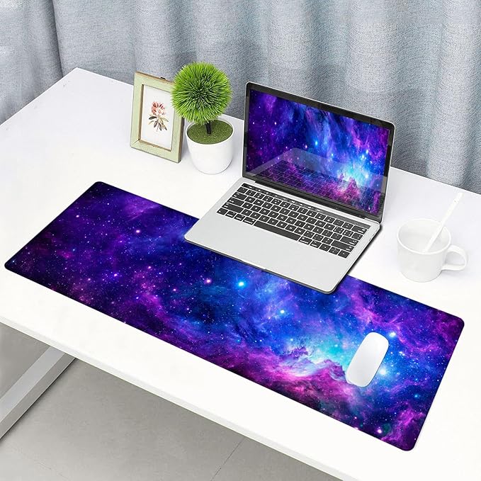 Gaming Large Mouse Pad with Stitched Edges, Purple Galaxy Desk Mat, Extended Keyboard Pad, Non-Slip Rubber Base Desk Pad for Keyboard and Mouse, 31.5X11.8 inch