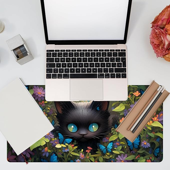 Desk Pad, Cute Black Cat Desk Mat, Cat Among Butterfly Flowers Large Gaming Mouse Pad for Desk, 31.5"x15.7" Extended Big Computer Keyboard Mouse Pad with Non-Slip Base and Stitched Edge