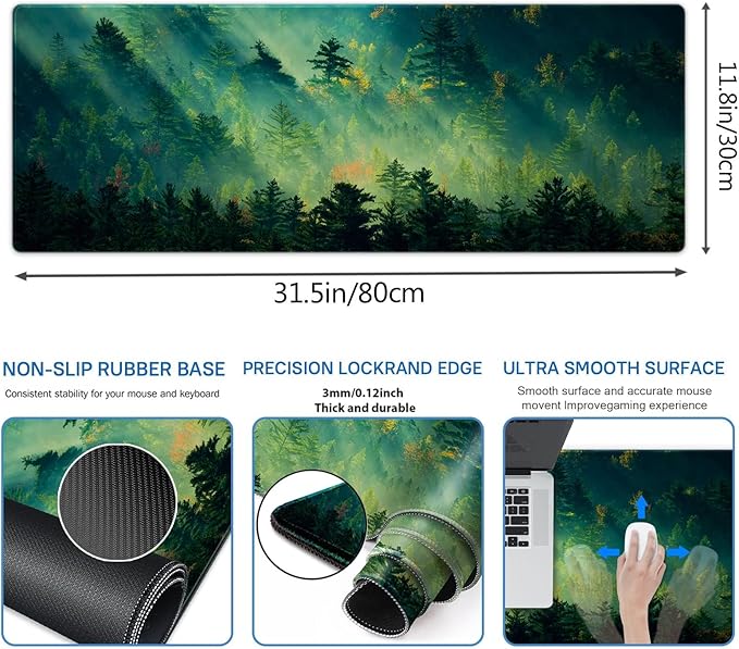 Galdas Mouse Pad,Office Desk Mat Large Gaming Keyboard Pad Durable Stitched Edges Washable Smooth Surface Control & Accuracy Extended Computer Mouse Mat (31.5X11.8In)-Green Forest…
