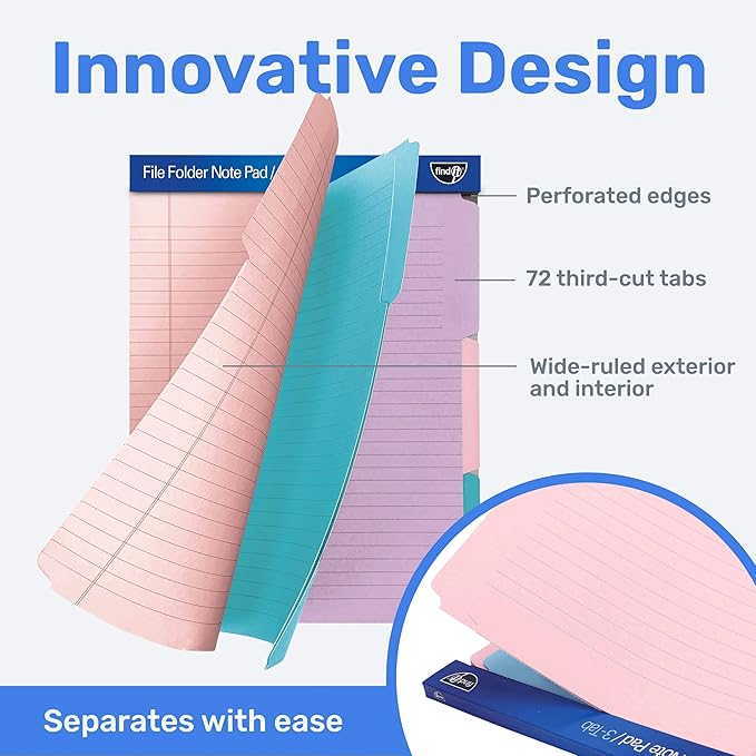 Find It File Folder Notepad - Pack of 72-9.5 x 12.5 Inch Notebook Organizer Folders for Filing, Document, and Clipboard Organization - Pastel