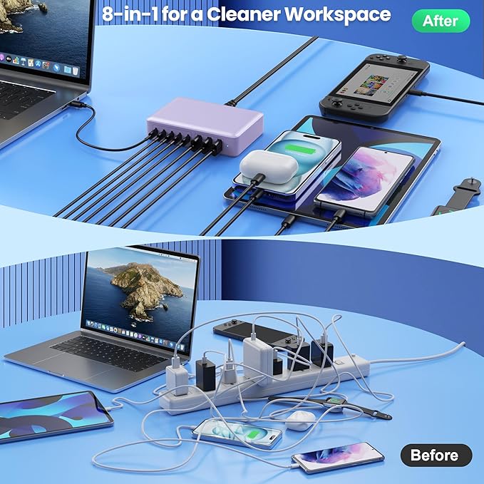 USB C Charger 300W USB C Charger Block 8-Ports GaN IV Fast Charging Station,PD 100W Laptop Charging Hub Wall Adapter Compatible with MacBook/Air,DELL,Steam Desk,iPhone 16/15/14,Galaxy S24 etc