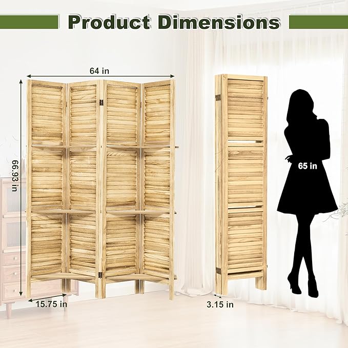 NicBex 4 Panel Room Divider 5.6FT Louvered Design Room Dividers with Display Storage Shelves Folding Privacy Screens Portable Freestanding Partition Wall Dividers for Home Bedroom Office, Natural Wood