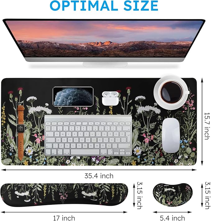 iCasso Large Mouse pad for Desk, Computer Desk Mat, 3Pcs XXL Keyboard and Mouse Pad + Keyboard Wrist Rest, Desk Matt for Desktop, Easy Typing Pain Relief Ultra Thick Mousepad Keyboard Mat(Weeds)