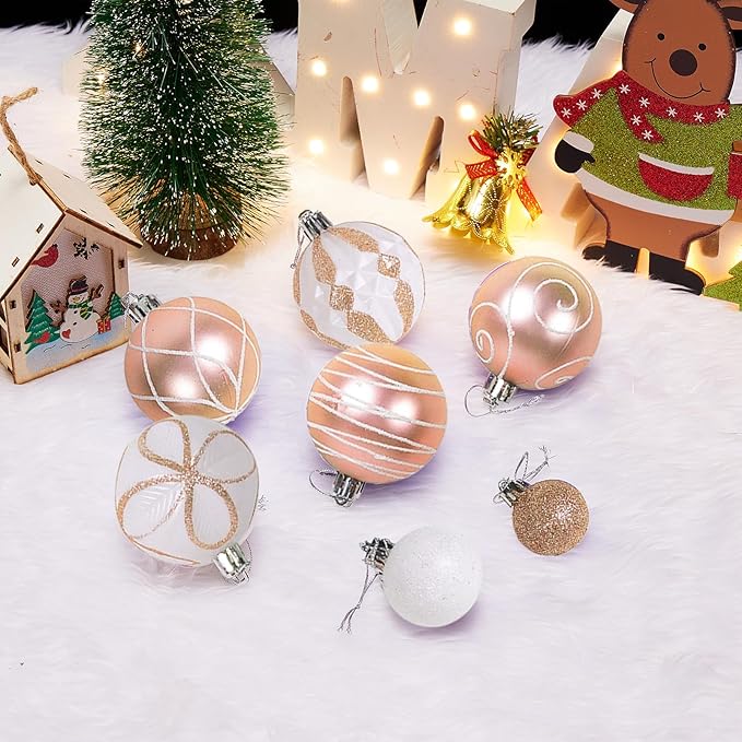 100Pcs Elegant Christmas Balls Set Christmas Tree Ornaments with Glitter and Patterns Bulk Ornaments for Tree as Festive Christmas Decor Xmas Ball Set Champagne White