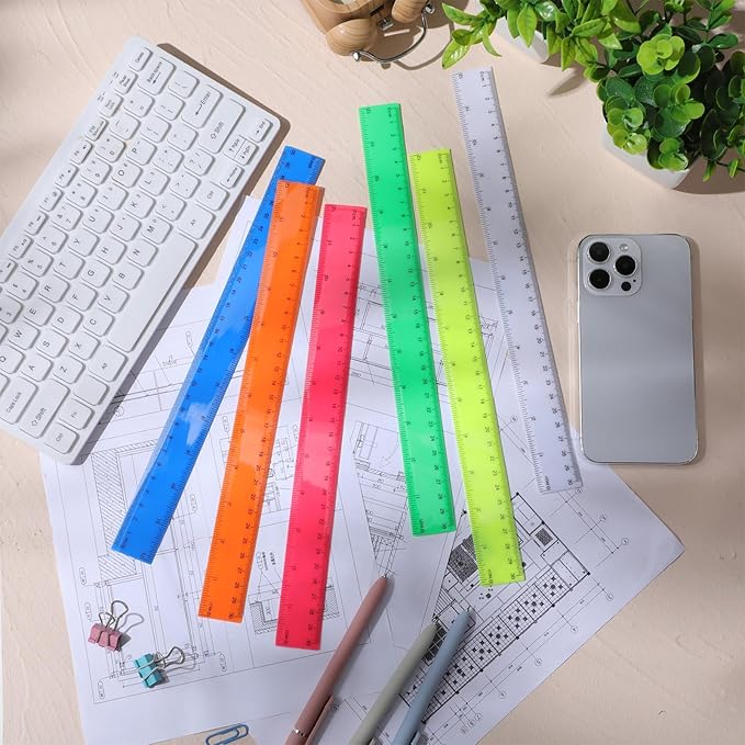 Zonon 6 Pcs 12 Inch Ruler Bulk Colorful Plastic Flexible Straight Metric Rulers with Centimeters and Inches Drafting Measuring Tool for Classroom School Students Education
