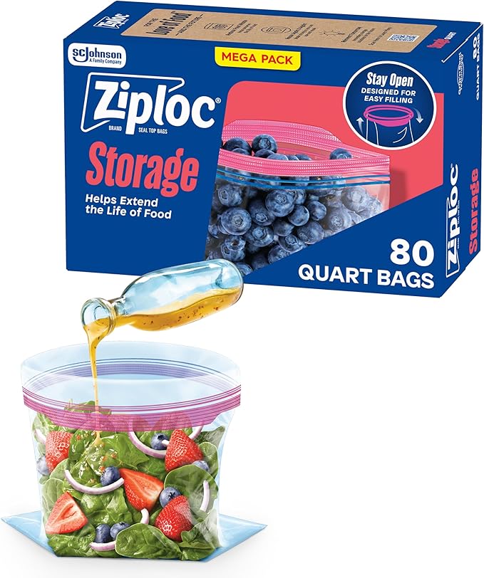 Ziploc Quart Food Storage Bags, Stay Open Design with Stand-Up Bottom, Easy to Fill, 80 Count