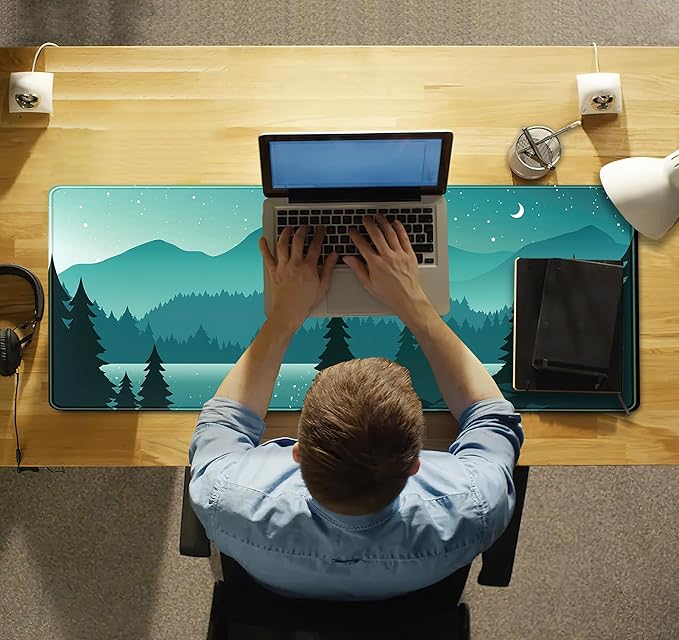Aesthetics Sunset Mountains Green Desk Mat Mousepad, XL Large Gaming Mouse Pad, Cute Anime Moon Desk Pad Mouse Mat Girl Women Office Desk Decor Laptop Keyboard Mat with Stitched Edges 31.5''x11.8''