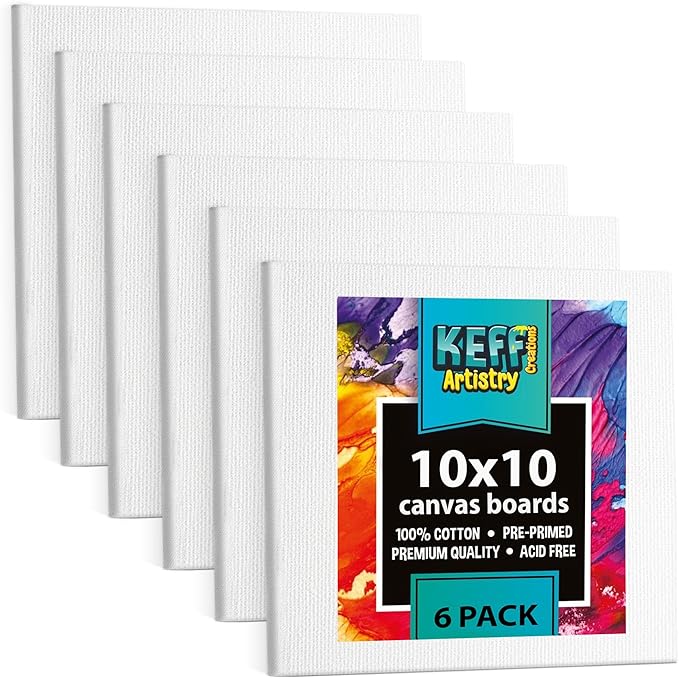 KEFF Canvas Boards for Painting - 10x10 6-Pack Bulk Canvas Panels, 100% Cotton Triple Primed Large Canvases for Art Painting Supplies, Acrylic, Oil, Watercolor & Tempera