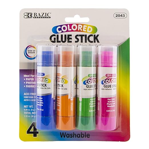BAZIC Products Washable Colored Glue Stick 8g/0.28 Oz, All Purpose Acid Glue Sticks for Kids Photos Paper Kids at School Home Office (4/Pack), 1-Pack