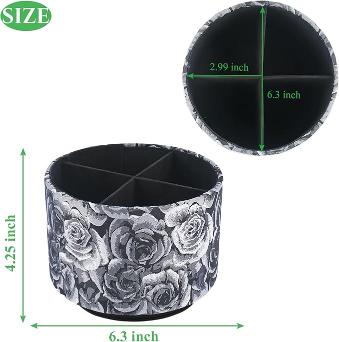QIELIZI Round Leather Art Supply Organizer,Remote Control Holder,360 Degree Rotating,Multi-Functional Pencil Holder,4 Compartments Desktop Stationary Organizer(1-3D Black Grey)