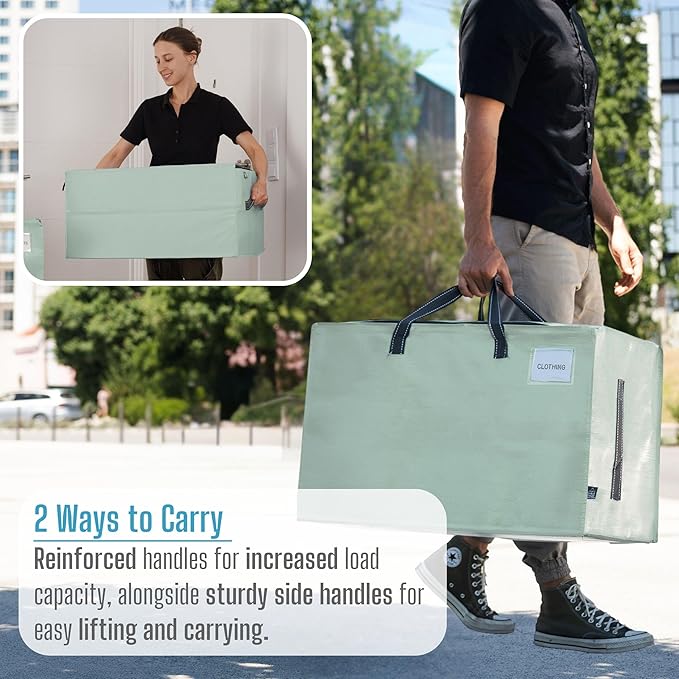 VENO 2 Pack Moving and Storage Bags, Heavy Duty, Alternative to Moving Boxes, Large Packing Totes Supplies for College Dorm Room with Zipper for Clothes, Wide Open Design (Shiny Light Green, 2 Pack)