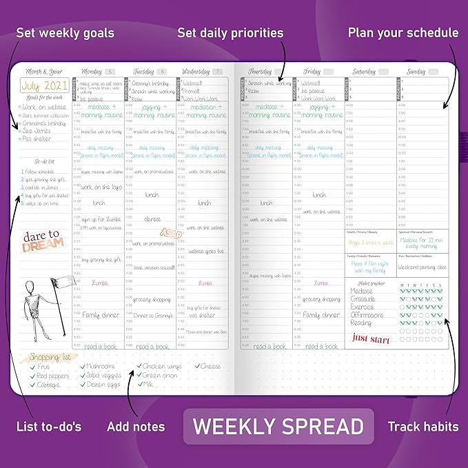 GoGirl Weekly Schedule Planner – Hourly Work & Life Planner with Time Slots – Vertical Agenda Organizer for Daily Productivity, A5 (Purple)