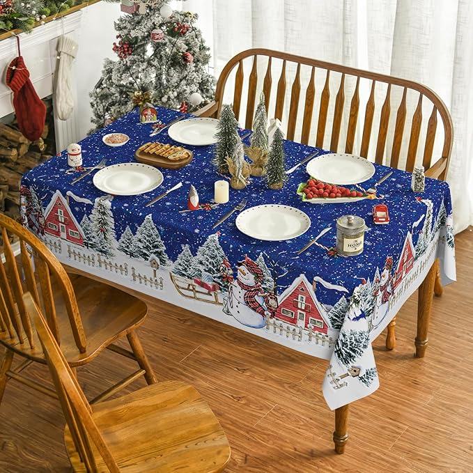 Horaldaily Christmas Tablecloth 60×120 Inch Rectangular, Winter Snowman House Christmas Trees Blue Washable Table Cover for Party Picnic Dinner Decor