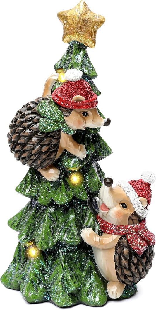 Christmas Hedgehog Statue with Lights for Christmas Decorations Indoor, Christmas Tree Hedgehog Figurine for Home Decor, Winter Xmas Holiday Decor for Table Shelf Mantle Fireplace,Xmas New Year Gifts