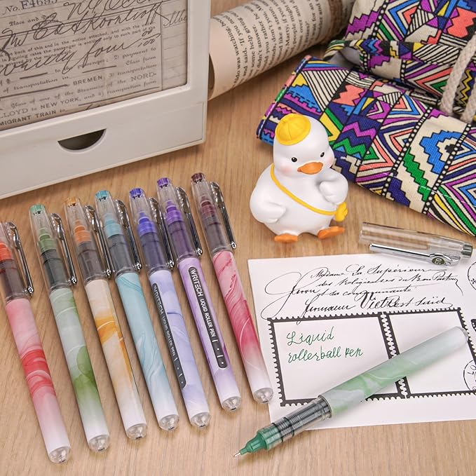 WRITECH Liquid Ink Rollerball Pens: Multi Colored 0.5mm Extra Fine Point Tip Rolling Roller Ball Pen 8ct Assorted Colors for Journaling Smooth Writing Note Taking No Bleed & Smudge & Smear