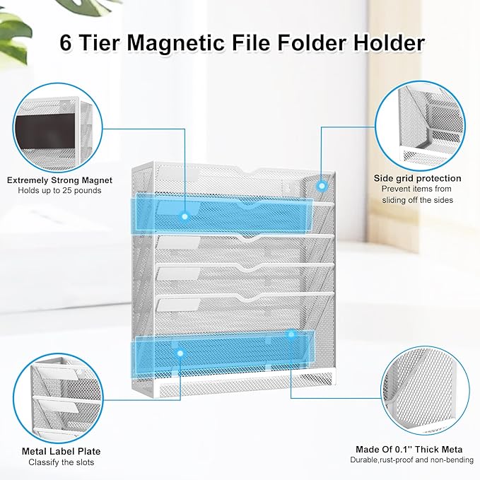 6 Tier Magnetic File Holder, Large Capacity Mesh Hanging Wall Organizer Vertical Magnetic Hanging File Organizer, Magnetic File Folder Holder for File Cabinets, Office, Whiteboard (White)