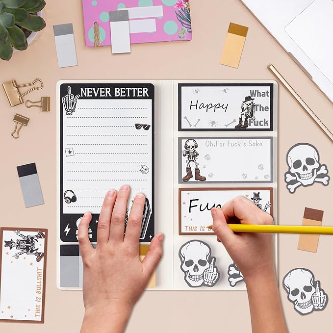 Xqumoi Funny Skull Skeleton Sticky Notes Set - Black White Gothic Skeleton Self-Stick Note Pads Halloween Hippie Notepads Writing Memo Pad Page Marker Bookmarker Index School Office Supplies Gift