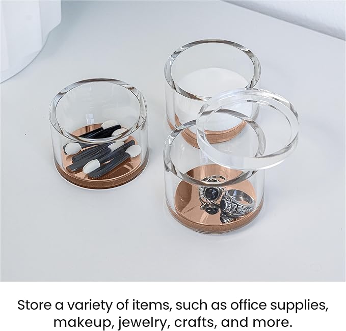 OfficeGoods 3-Tier Stackable Acrylic Holder- Stylish Desk Organizer and Storage for Office or Home – Transparent Round Design with Rose Gold Metal Base