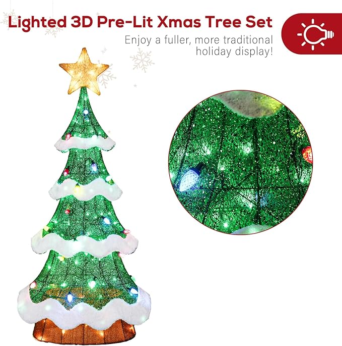 Hykolity 4FT 3D Genuine Outdoor Lighted Christmas Tree, Christmas Tree Yard Decoration with 600 LED Lights, Ground Stakes, Zip Ties