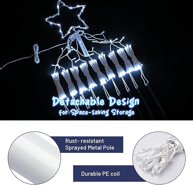 Yescom Cold White 12FT LED Waterfall Cone Tree Light with Star Finial 9 Strings 362 LED Star Lights Christmas Decoration Party Yard Outdoor