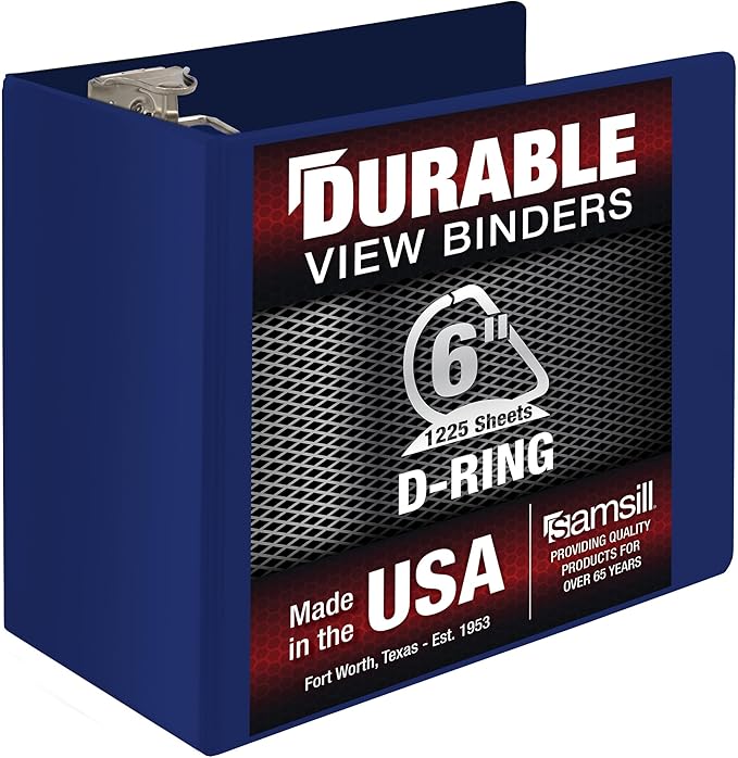Samsill Durable 6 Inch Binder, Made in The USA, Locking D Ring Binder, Customizable Clear View Cover, Dark Blue, Holds 1225 Pages