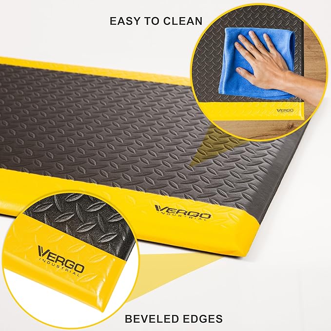 Vergo Industrial 15/16” Extra Thick Anti Fatigue Mat - Heavy Duty Commercial Grade Diamond Plate Ergonomic Standing, Non-Slip Black with Yellow Anti Fatigue Floor Mat for Work, Shop (1-Pack 3' x 5')