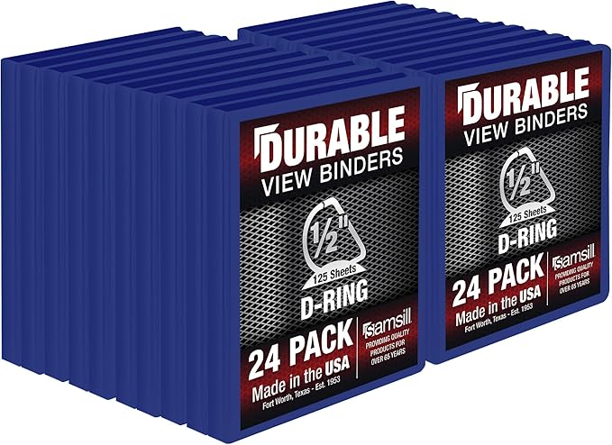 Samsill Durable 0.5 Inch Binder, Made in The USA, D Ring Binder, Customizable Clear View Cover, Blue, 24 Pack, Each Holds 125 Pages