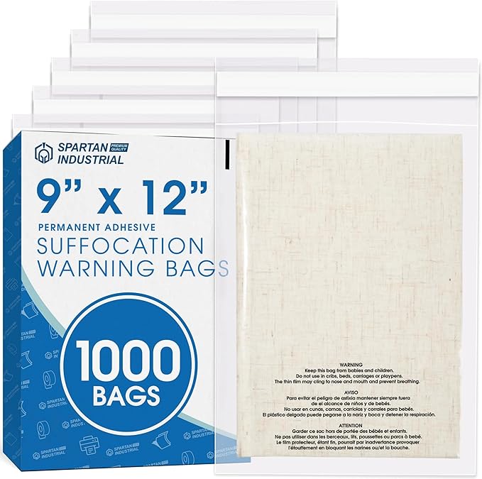 Spartan Industrial - 9" X 12" (1000 Count) Self Seal Clear Poly Bags with Suffocation Warning for Packaging, T Shirts - Permanent Adhesive