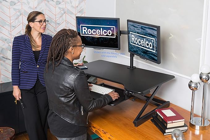 Rocelco 40" Large Height Adjustable Standing Desk Converter - Quick Sit Stand Up Dual Monitor Riser - Gas Spring Assist Computer Workstation - Retractable Keyboard Tray - Black (R DADRB-40)