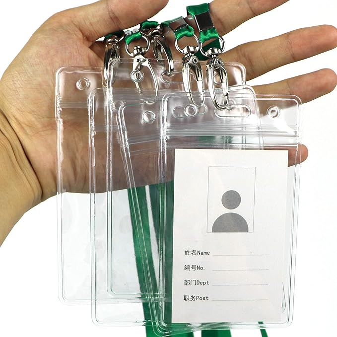 Lanyard with ID Holder 50 Pcs Waterproof Name Tag Badge ID Card Holders ID Pass Holder and 50 Pcs Flat Neck Lanyards Swivel Hook (Green, Vertical)
