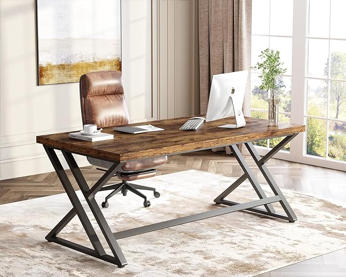 LVB Rustic Computer Desk, Metal Wood Home Office Desk, Industrial Simple Study Executive Desk for Writing Work, Wooden Student Gaming Computer PC Table with Storage for Bedroom, 55 Inch, Rustic Brown