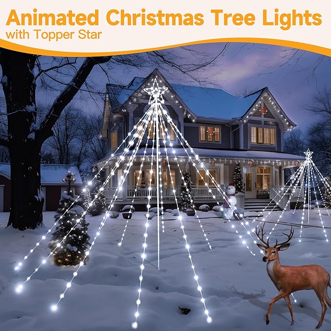 Ollny Christmas Lights Tree 340LED with Topper Star, IP67 Waterproof Remote Control Waterfall Lights with Pole, 16 Modes 3 Timers Dimmable Light Decorations for Outdoor Yard Garden Lawn(Cool White)