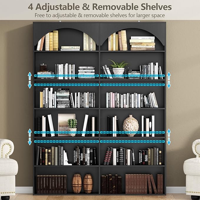 70.8’’ Tall Bookshelf and Bookcase of 2 pcs, 7-Tier Double Wide Bookcase Modern Large Open Display Shelves with Curved Baffle for Home Office Living Room (Black-2pcs)