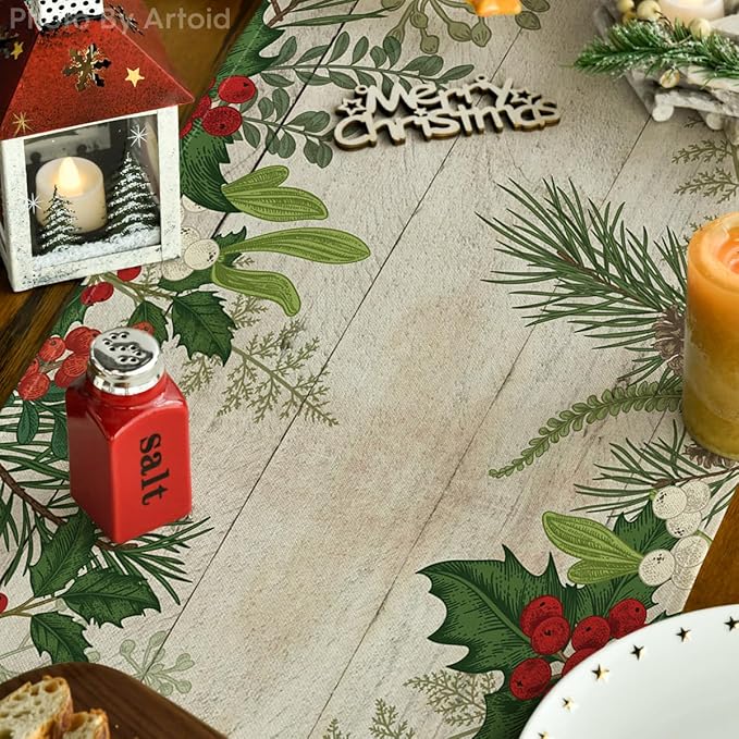 Artoid Mode Holly Fir Wood Pine Cone Leaves Christmas Table Runner, Seasonal Winter Holiday Kitchen Dining Table Decoration for Home Party Decor 13x72 Inch
