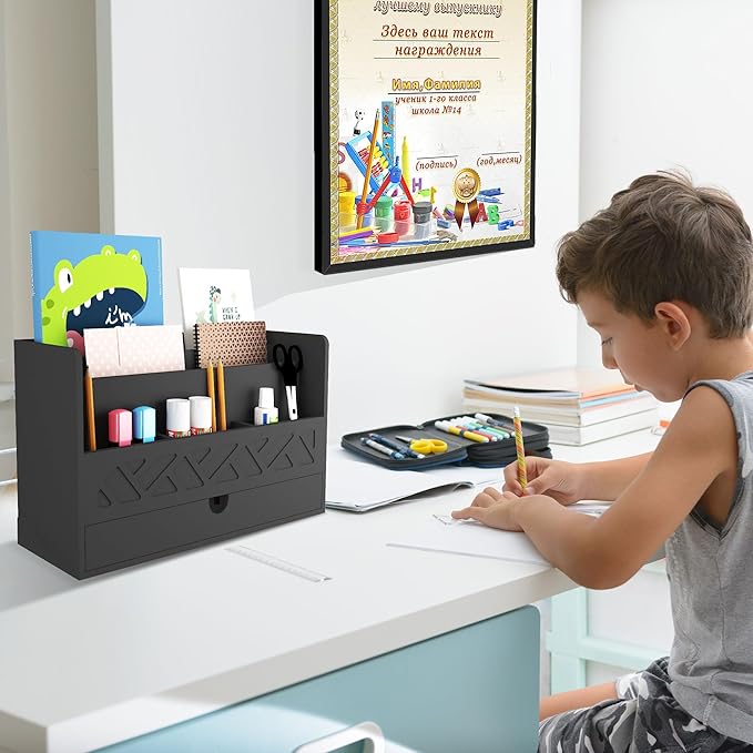 Bamboo Mail Organizer Countertop Desktop with Drawer - Desk Organizer with File Organizer for Office Supplies All-in-One Desk File Organization with Pencil Holder for Paper Letter Envelope Bill