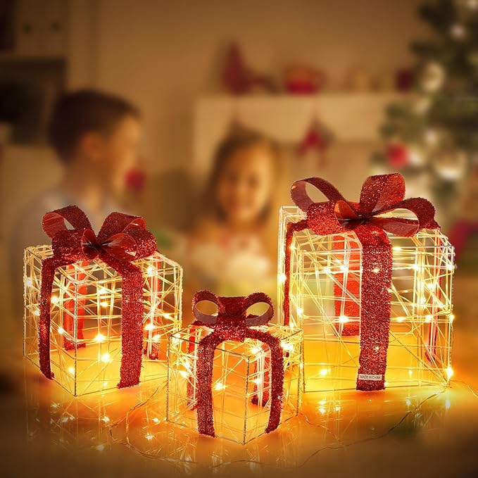 Tangkula Set of 3 Christmas Lighted Gift Boxes, Christmas Box Decorations with 60 LED Lights, Small Medium and Large Presents Boxes with Waterproof Plug, Suitable for Indoor and Outdoor