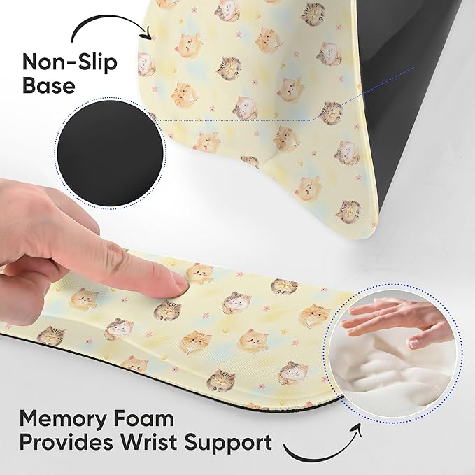 Wrist Rest Support for Mouse Pad Keyboard Set Circle Coaster Gaming Mouse Pad Ergonomic Gel Memory Foam Set for Computer, Laptop, Office, Pain Relief, Comfortably Typing Cat KM-35