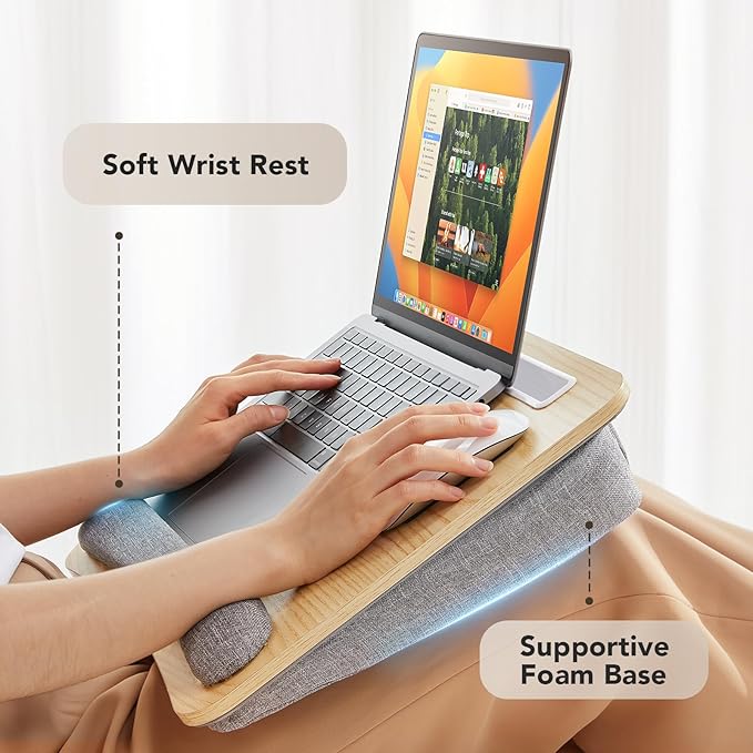 HUANUO Lap Laptop Desk - Portable Lap Desk with Pillow Cushion, Fits up to 15.6 inch Laptop, with Anti-Slip Strip & Storage Function for Home Office Students Use as Computer Stand - Light Wood