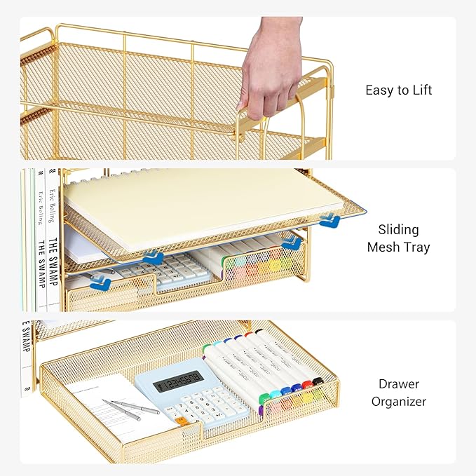 OPNICE Desk Organizer and Accessories, 4-Tier Desktop File Organizer with Drawer and 2 Pen Holders, Office Desk Accessories, File Sorters, Workspace Organizers for Office Supplies(Gold)