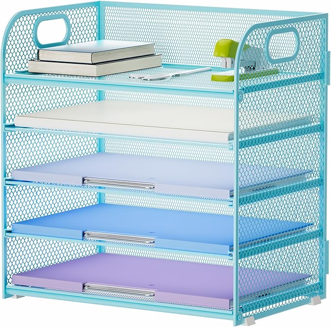 Marbrasse Paper Organizer Letter Tray, 5 Tier Mesh File Organizer with Handle, Paper Sorter Desk Organizer for Home Office Supplies - Blue