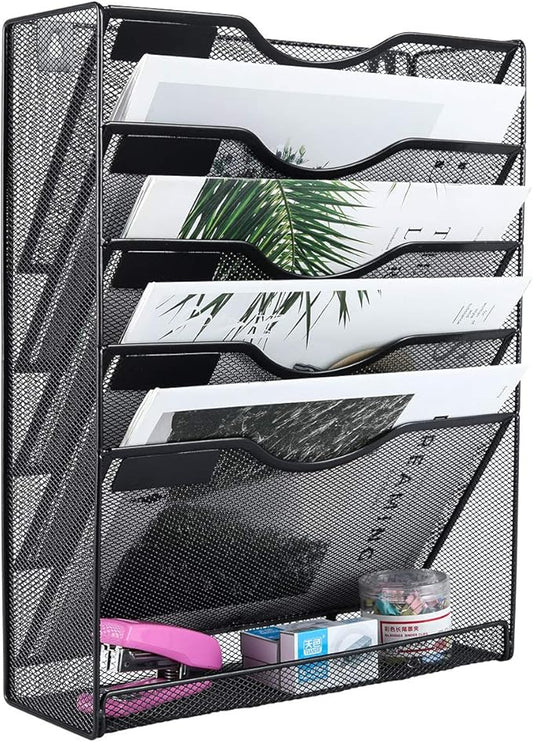 EasyPAG 5-Tier Wall File Holder, Mesh Hanging Folder Organizer with Classify Label, Versatile Desk File Organizer for Office Home, Space-Saving Vertical Wall Mounted Mail Paper Sorter, Black