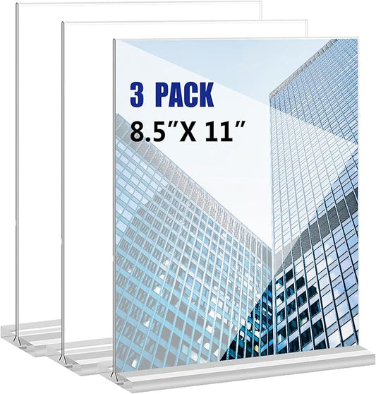 Acrylic Sign Holder 8.5x11 Inches 3 Pack T Shape Desktop Display Stand Vertical Double Sided Clear Table Menu Flyer Holder for Restaurants, Office, Shop, Wedding