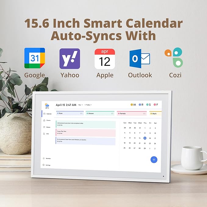 Digital Calendar 15.6" Chore Chart – 1080P Full HD Interactive Touchscreen, Smart Family Planner, Hearth Display Digital Wall & Desk Mountable for Seamless Scheduling