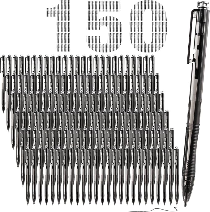 150 Pack Black Ballpoint Pens Bulk 1.0mm Ink Medium Point Retractable Rollerball Pens Smooth Writing Quick Dry No Smudge for Office, School, Journaling Medium Tip Ball Pen Set