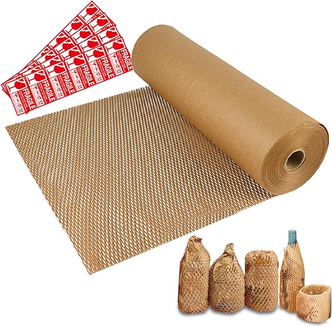 Honeycomb Packing Paper,12" W x 164' L with 24 Fragile Sticker Labels，Eco Friendly Recyclable Packing Paper，Bubble buffer film packaging substitute，for Moving,Products & Gifts Wrapping Paper（Brown）