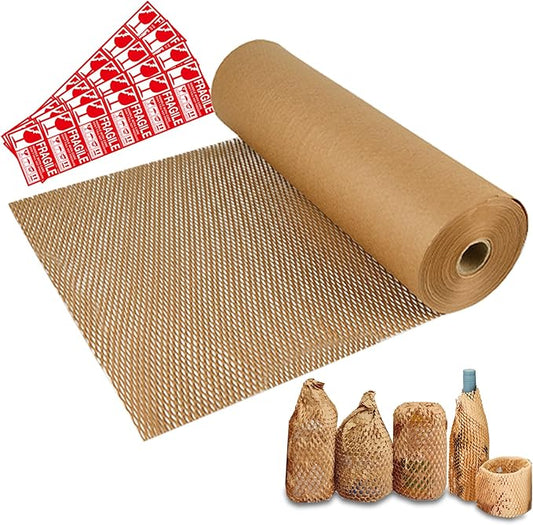 Honeycomb Packing Paper,12" W x 164' L with 24 Fragile Sticker Labels，Eco Friendly Recyclable Packing Paper，Bubble buffer film packaging substitute，for Moving,Products & Gifts Wrapping Paper（Brown）