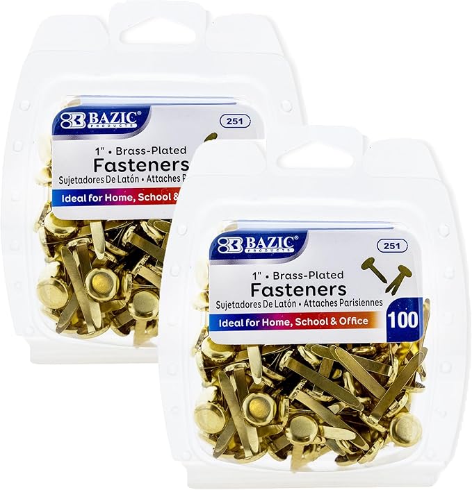 BAZIC Products Brass Plated Fasteners 1 Inch, Round Head Paper Fastener Brads for Office School Organization Scrapbooking Art and Crafts (100/Pack), 2-Pack