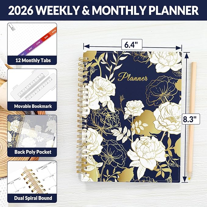 SUNEE 2026 Weekly and Monthly Planner - from January 2026 - December 2026, 6.4" x 8.3" Daily Agenda Planner with Monthly Tab, Flexible Cover, Note Pages, Pockets, Bookmark, Dark Blue Marble