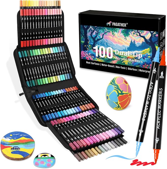 100 Colors Acrylic Paint Markers, Dual Tip with Fine Tip and Brush Tip Pens for Stone, Wood, Calligraphy, Canvas, Ceramic, Metal, Glass, Rock Painting, DIY Crafts Art Supplies Kit