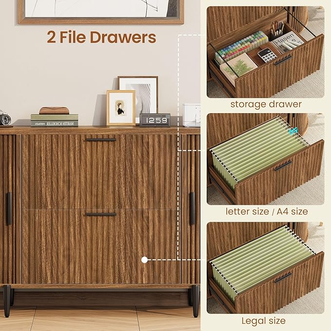 SEDETA 2 Drawer File Cabinet, 39.4" Filing Cabinet for Home Office, fit Legal/Letter/A4 Size, Light Luxury Fluted Filing Cabinets with 2 Sliding Door Storage, Printer Stand, Brown